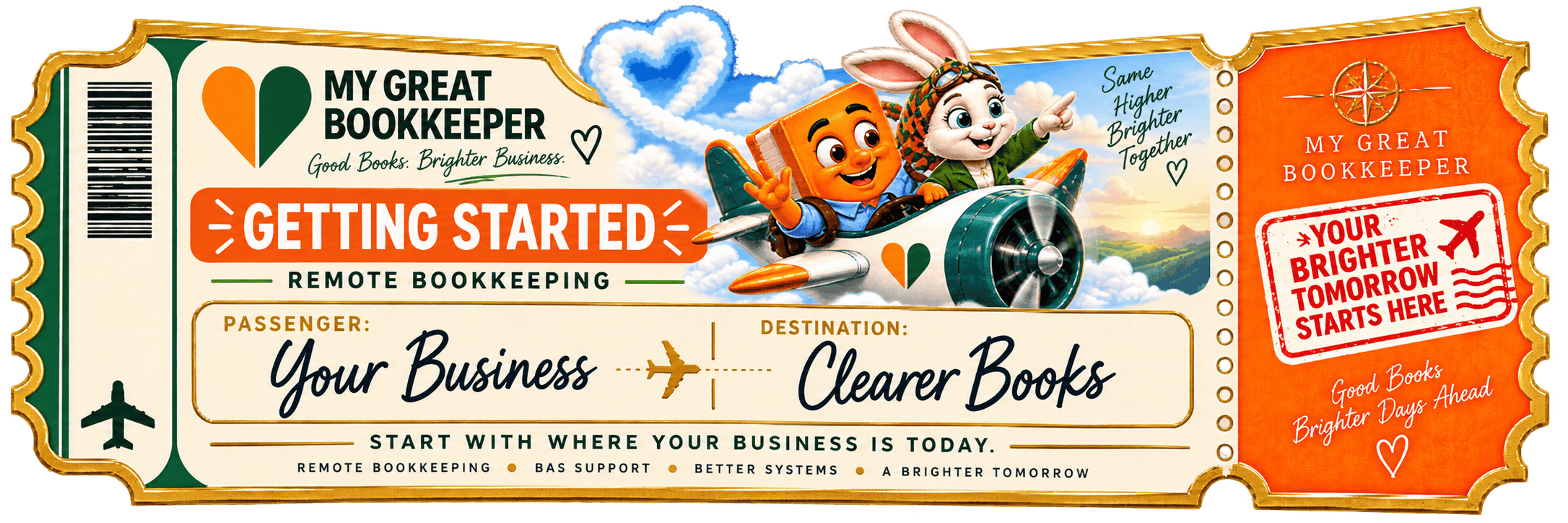 My Great Bookkeeper Getting Started boarding pass for remote bookkeeping, showing Ook and Bunny flying toward clearer books.