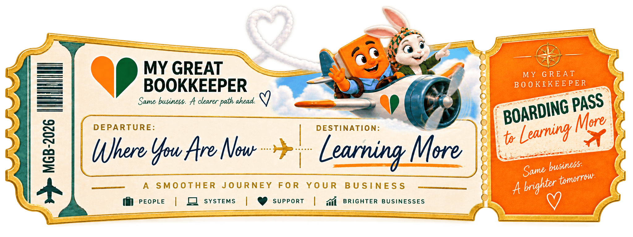 My Great Bookkeeper Learn boarding pass for growing small businesses, showing the journey from where you are now to learning more about your bookkeeping.